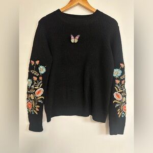 Woven Heart Black Sweater with Colorful Floral Embroidery